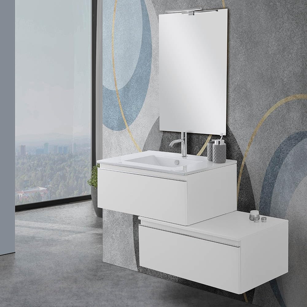 Mobile Bagno Sospeso PORTO - Bianco/Olmo, 2 Cassetti Soft-Close, Lavabo Ceramica, Specchio LED 80x60 Cm - Foto 9