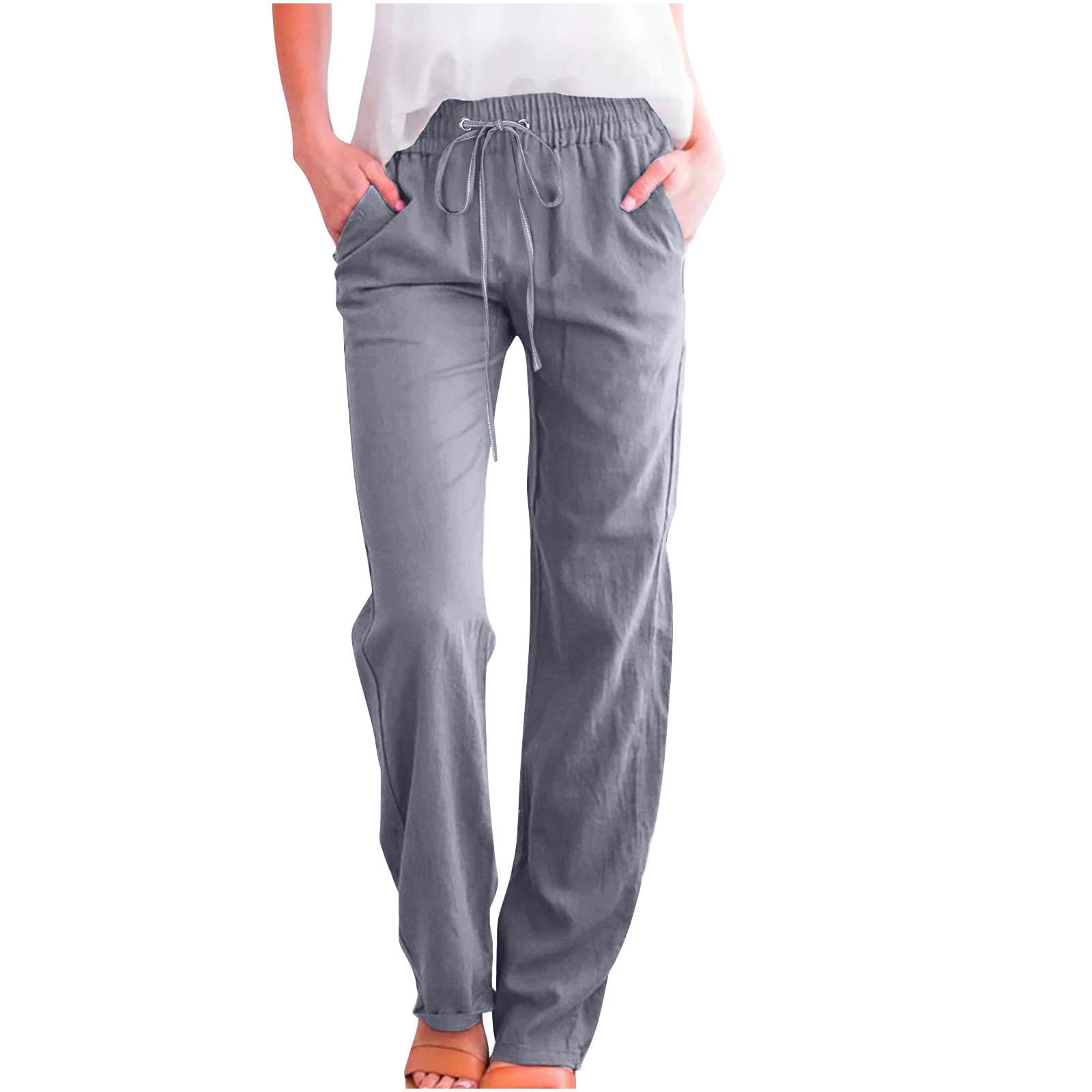 Lastesso Linen Pants Women Lightweight Summer Beach High Waist Straight Leg Cotton Outfits with Pockets Boho Lounge Pants