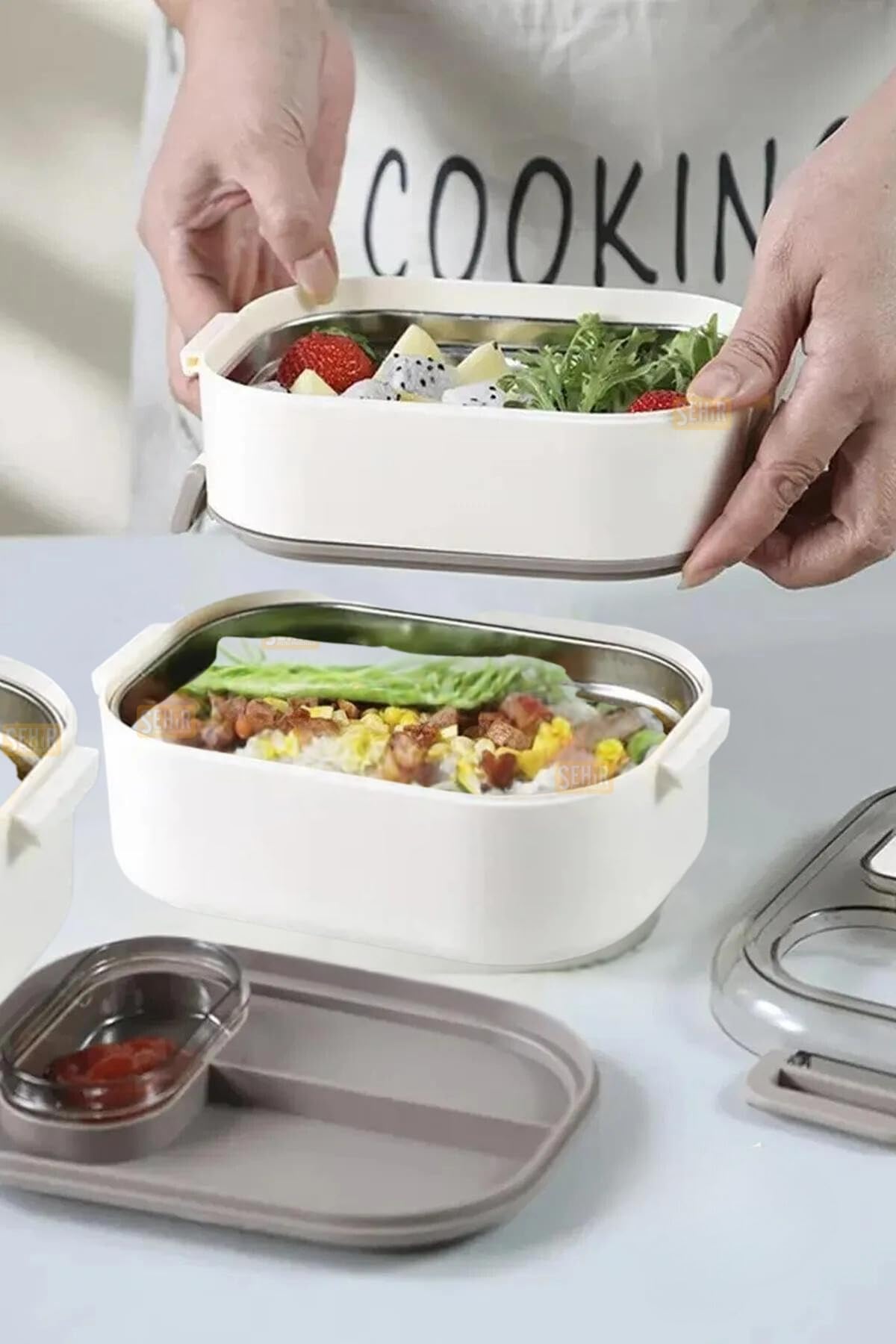 Vagonlife Bento 1450ml Lunchbox Üç Katlı 5 Bölmeli ve Mini Sosluklu Çelik Sefer Tası Yemek Kutusu (Lacivert)