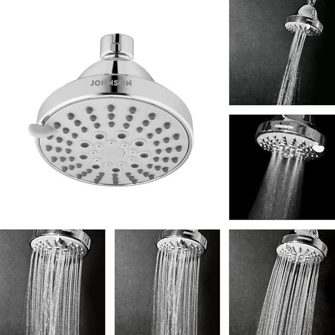 Johnson Hydra 5 Flow Round Overhead Shower without Shower Arm | 100 mm | 5-in-1 Multiflow Setting | ABS Material | 1 Year Warranty|Chrome