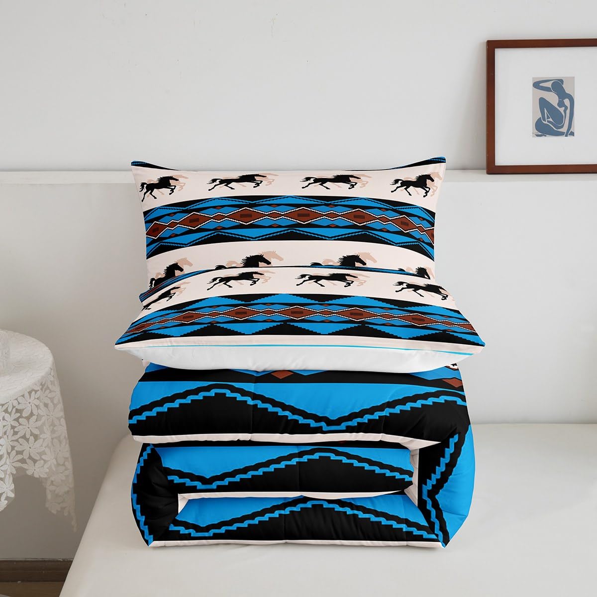 Juego de edredón de caballo, juego de ropa de cama rústico de vaquero occidental, edredón de plumón azteca nativo americano para niños y niñas, decoración de habitación del suroeste, colcha de vida