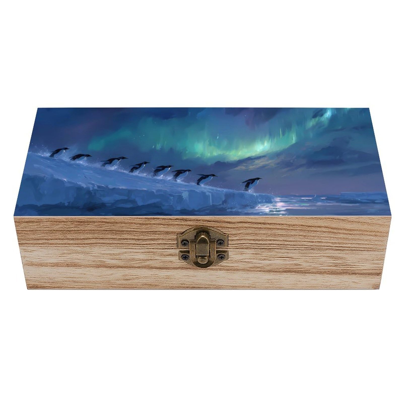 HLBSDM Cute Penguins Aurora Wooden Box with Hinged Lid Decorative Storage Case Container