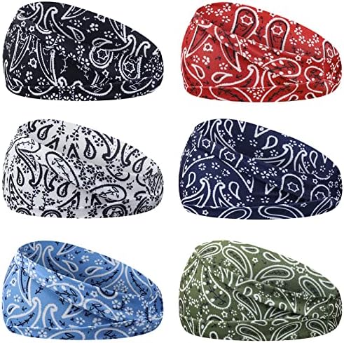 YARIEW 6Pcs Headbands Paisley Bandanas Head Bands Sweat Band Hair Wrap Headwrap Fashion Boho Wide Thick Workout Yoga Elastic Headbands Mens Cooling Running Sports Headband Sweatbands for Women and Men