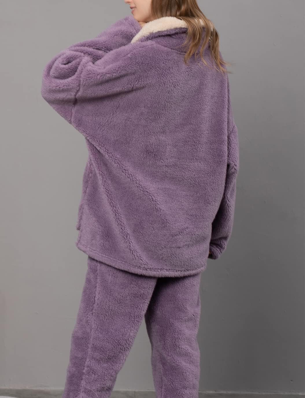 Women's Fluffy Loungewear Sleepwear Lounge Casual Pajamas Sets Loose Long Sleeve Fleece Pullover and Pants Set - Image 4