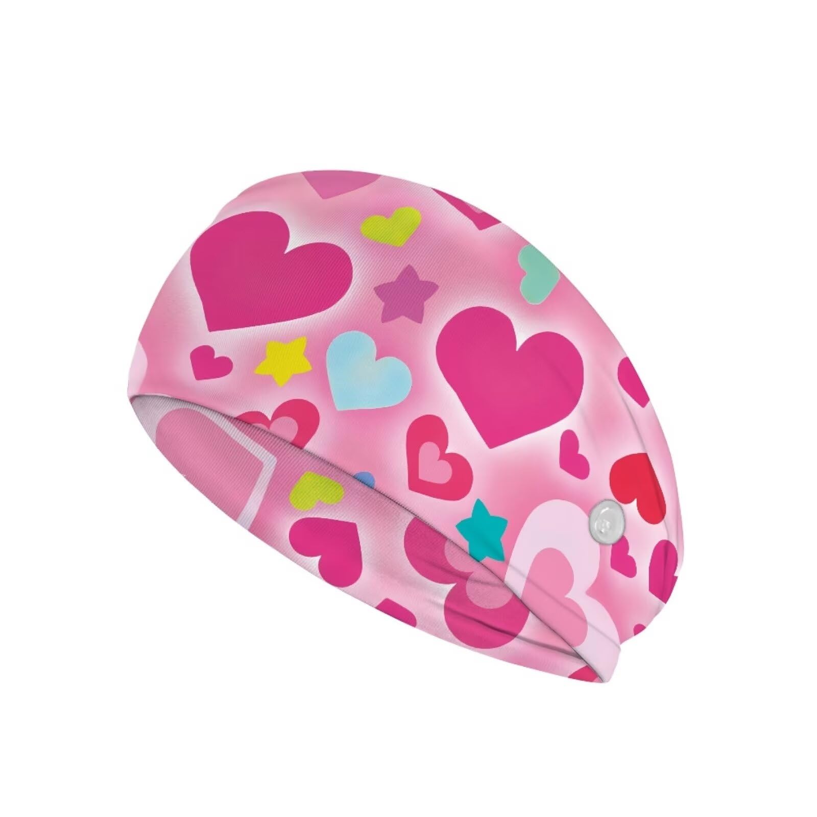 Gomyblomy Hot Pink Wide Headband Heart Print Elastic Nurse Headband with Button for Mask, Non Slip Headwrap Turban Hair Bands for Yoga Running Gym Sweatband for Women