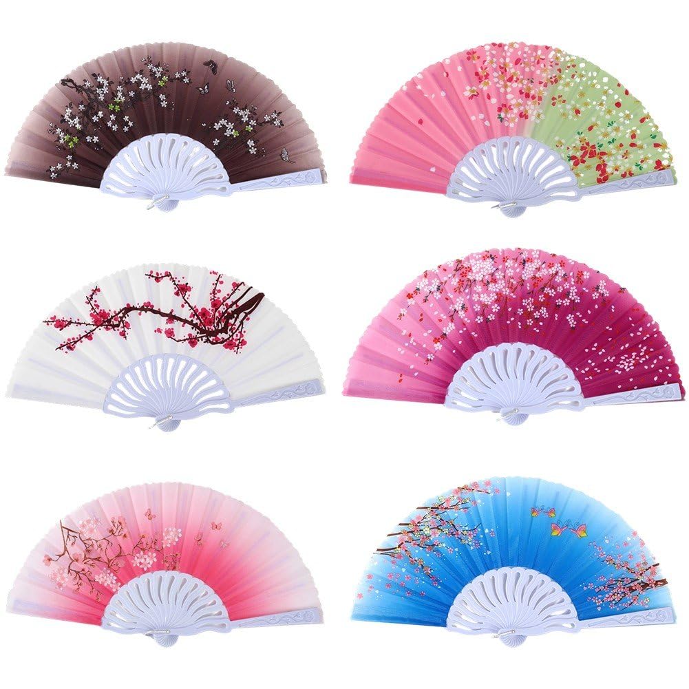 Hrippy 6pcs Floral Fabric Folding Fan, Printed Handheld Decor Fans for Line Dance Wedding Church Party Activities