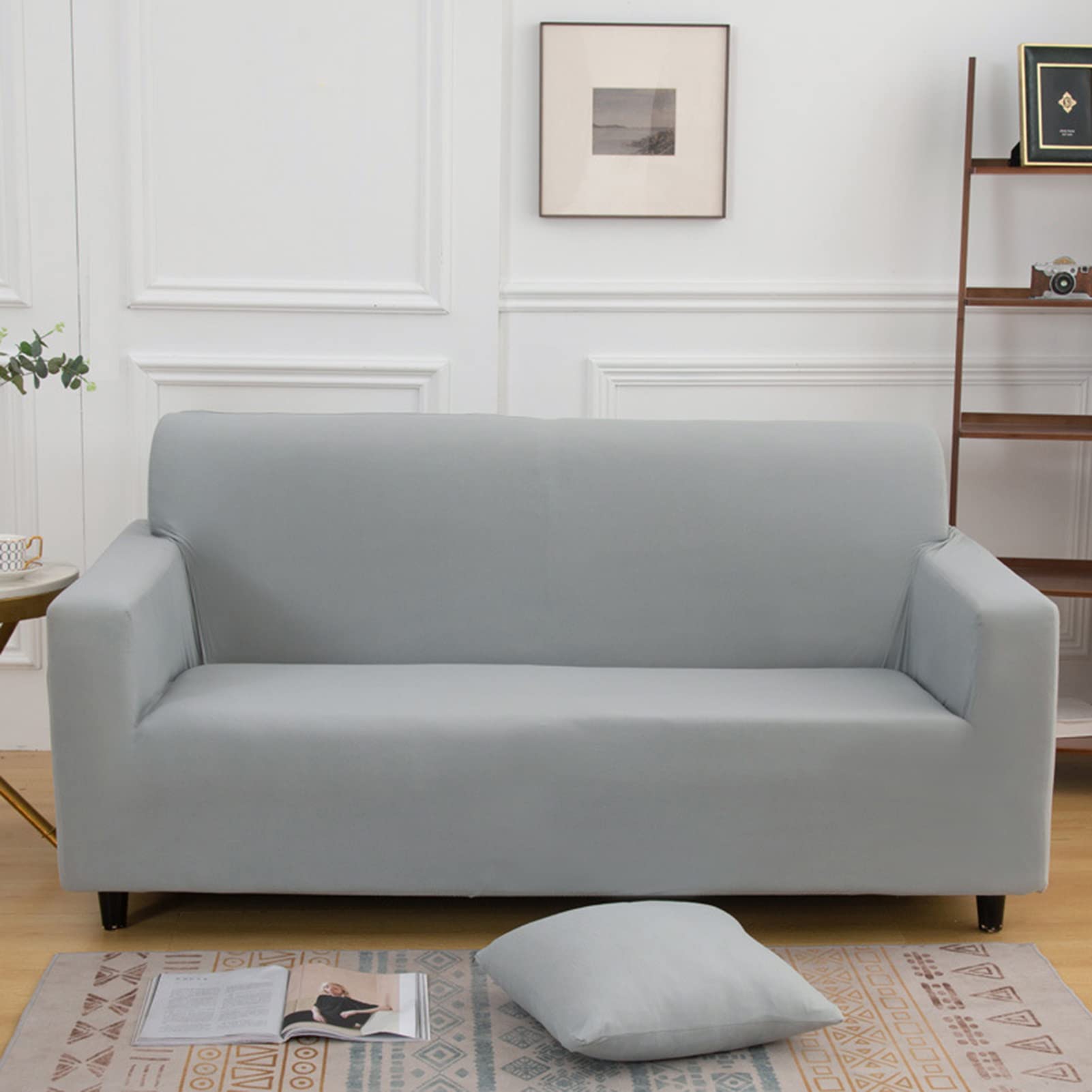 Housse de canapé extensible universelle résistante animaux gris clair