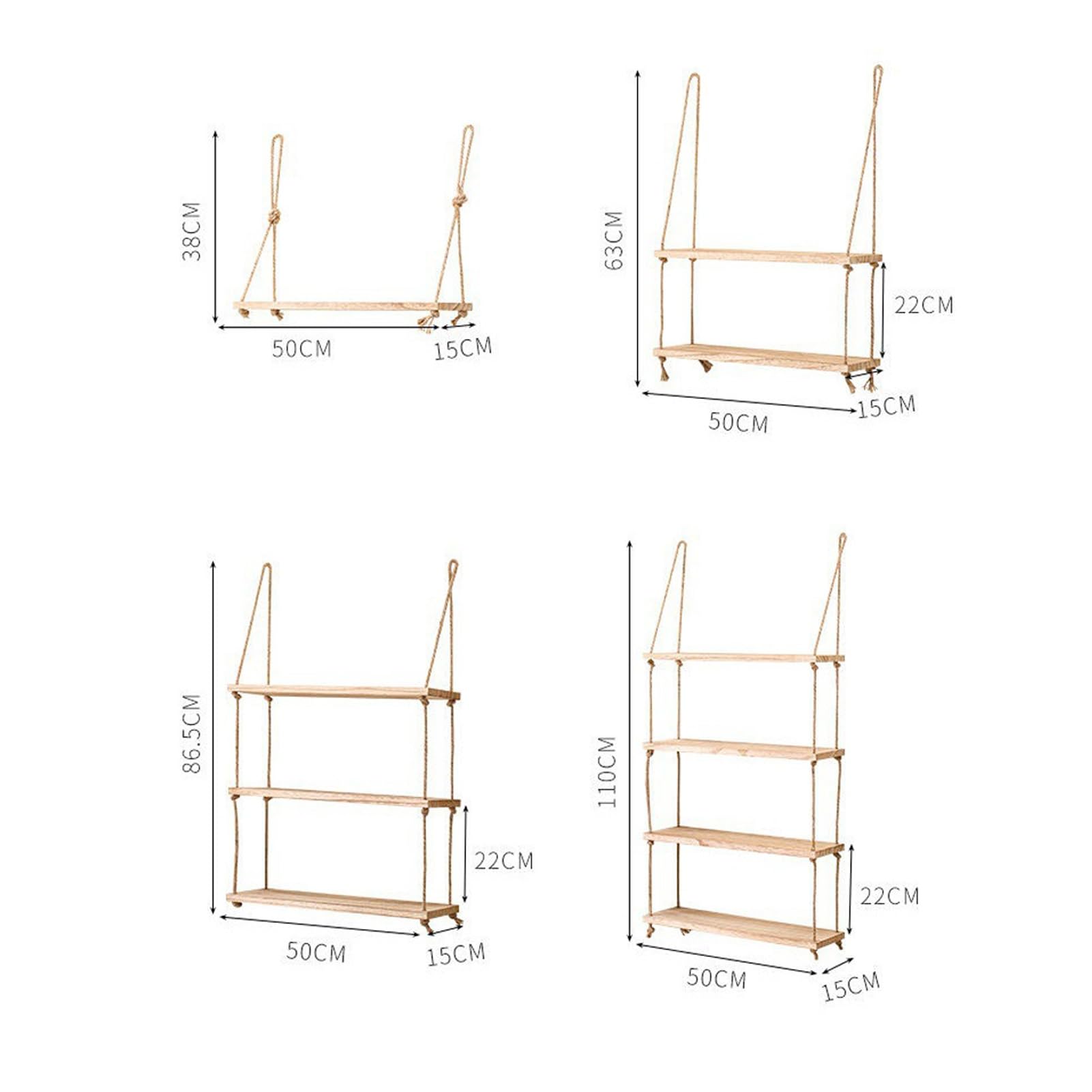 Schwebende Wandregale, Schaukel-Aufbewahrungsregal für die Wand, Hängeregale aus Holz mit gewebtem Seil, Hängendes Pflanzenregal, Gestell, Display, Boho, rustikale Wandregale, Raumdekor (Bra