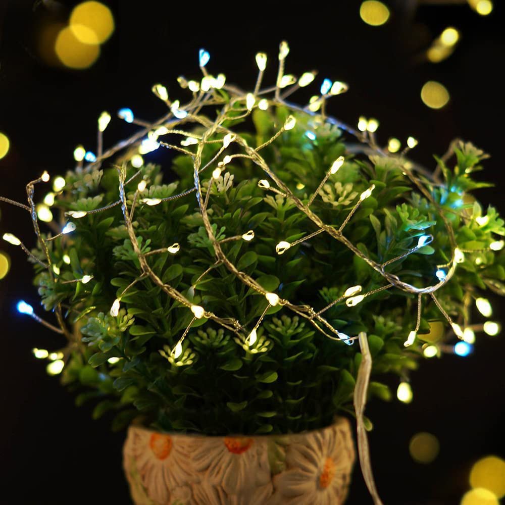 RESNICE 20FT Firecracker String Lights 200 LEDs Warm White Plug in Indoor Silver Wire LED Cluster Fairy Lights with Remote for Christmas Tree,Plant,Bedroom,Garden,Patio,Backyard