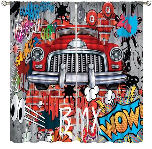 Graffiti Curtains, VCool 3D Walls Creative Abstract Street Art Car Paint Blackout Windows Treatments, Thermal Insulation Rod Pocket Drapes for Kids Boys Girls Living Room Bedroom 42x63in