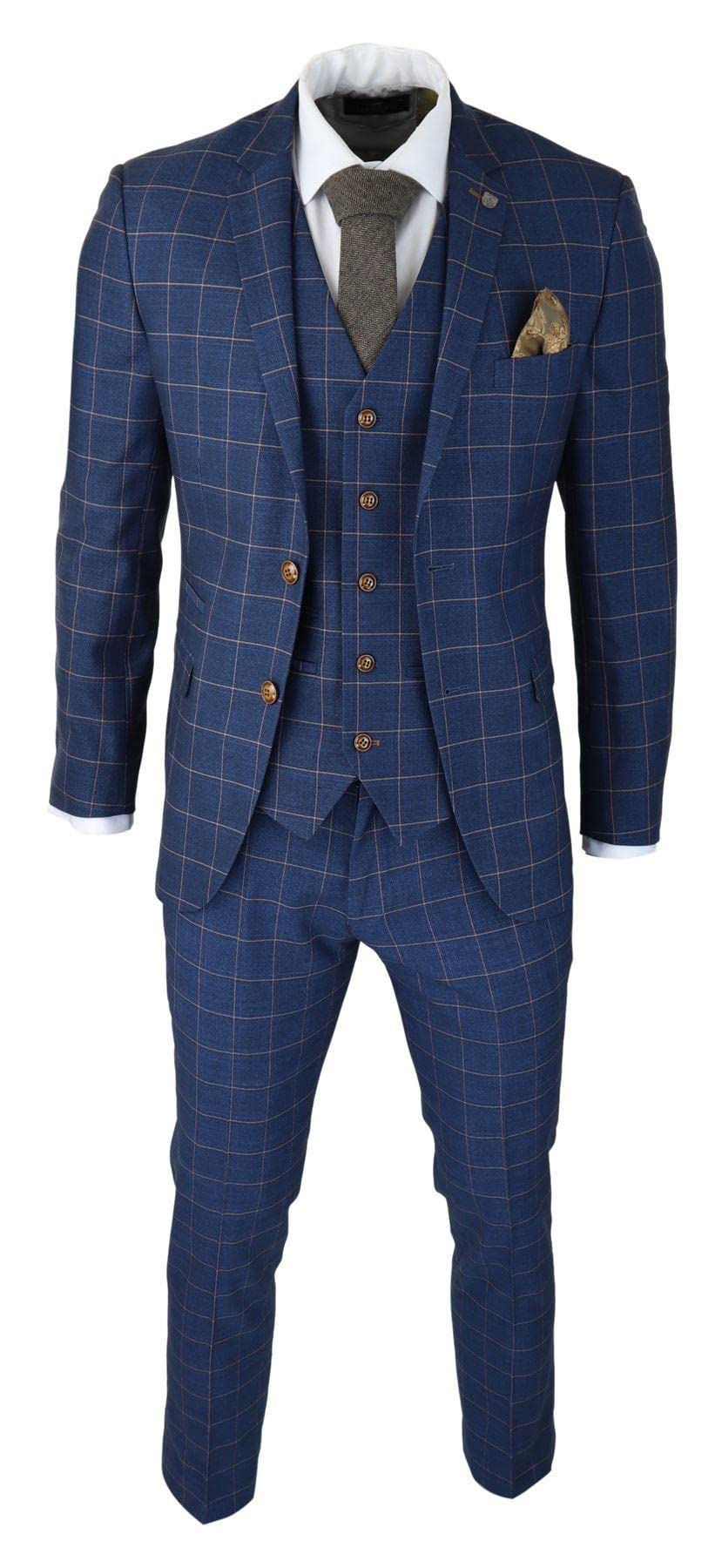 Truclothing Men's Blue 3 Piece Orange Check Suit Retro Smart Tailored Fit Vintage - 48