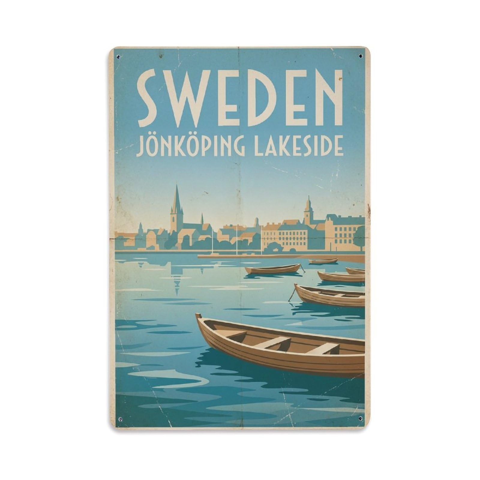 Vintage Travel Jonkoping Sweden Lakeside Metal Tin Sign
