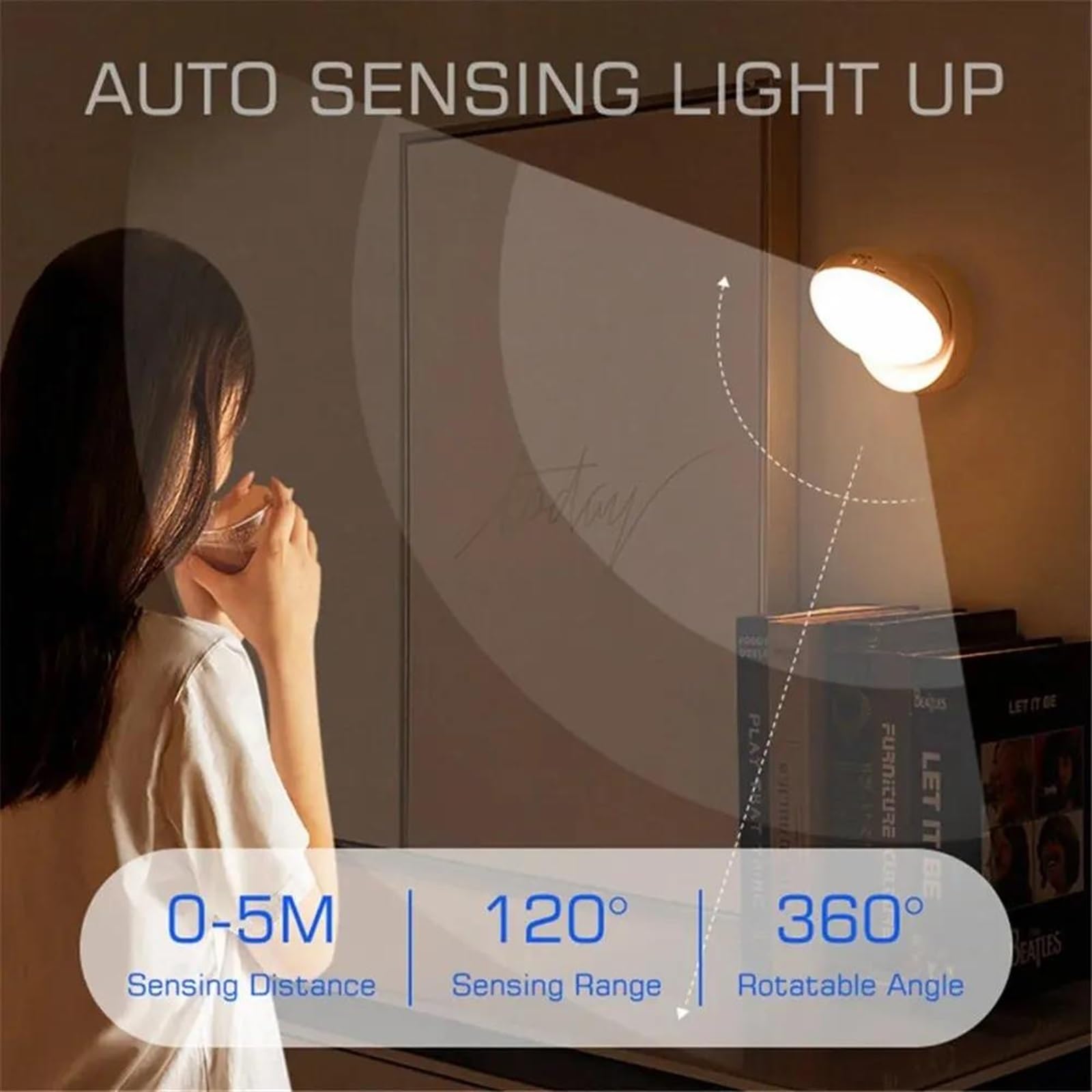 Lámpara de pared para el hogar, recargable, luz debajo del gabinete, lámpara de noche inalámbrica para armario, sensor de movimiento PIR giratorio de 360 grados, luces de pared a batería (color: BLAN