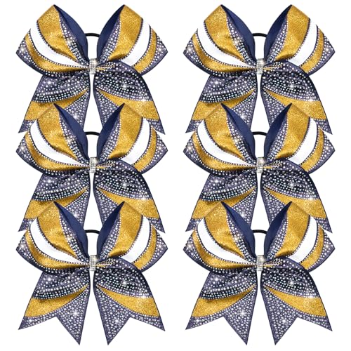 DEEKA 6 PCS Glitter Cheer Bows Rhinestone Large Stiff Competition Team Hair Bows Elastic Band Holder for Cheerleader Softball Football Girls (Navy Blue/Gold/White)