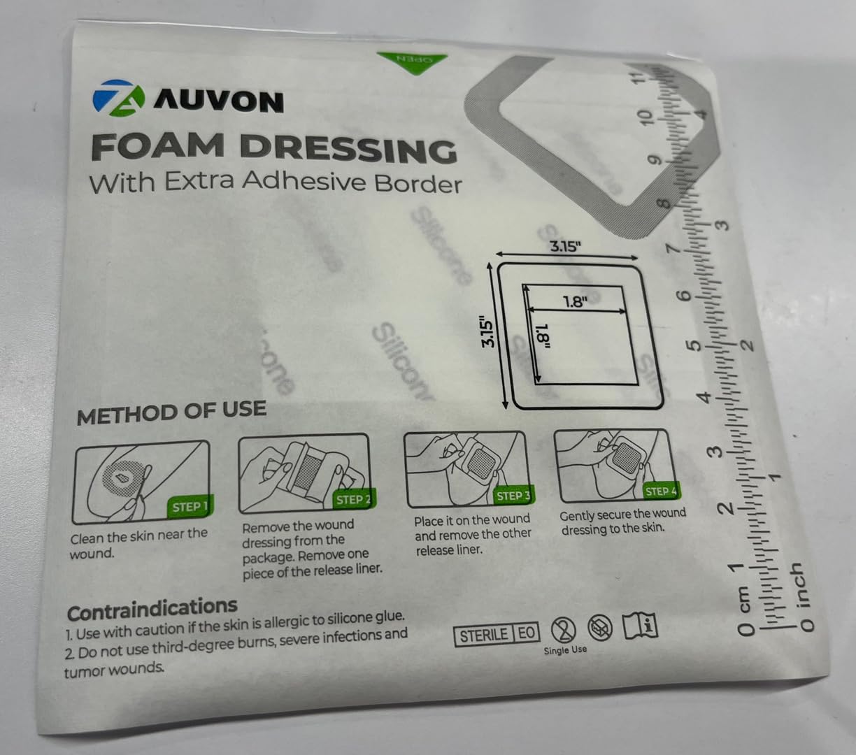 AUVON Silicone Foam Dressing with Border 3 x 3 inch for Wounds Care, (10 Counts)