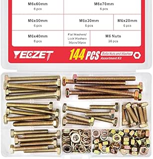 YEEZET 144Pcs Grade 8.8 M6 Hex Head Screws Bolts and Nuts Flat & Lock Washers Assortment Kit 20mm 30mm 40mm 50mm 60mm 70mm