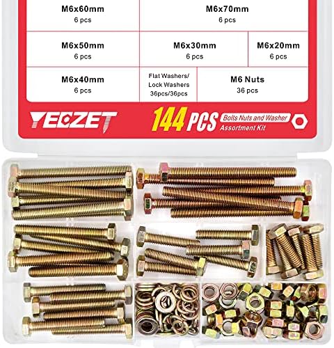 YEEZET 144Pcs Grade 8.8 M6 Hex Head Screws Bolts and Nuts Flat & Lock Washers Assortment Kit 20mm 30mm 40mm 50mm 60mm 70mm