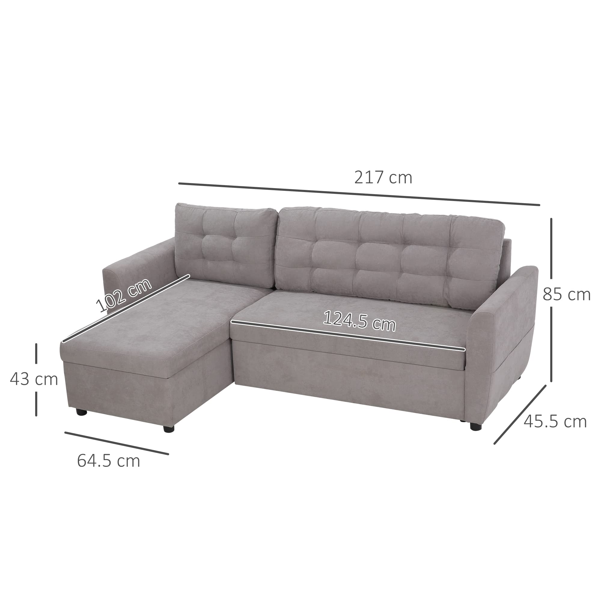 HOMCOM Divano Letto Angolare 3 Posti con Chaise Longue 217x134x85cm Grigio | Contenitore, Rivestimento Effetto Lino
