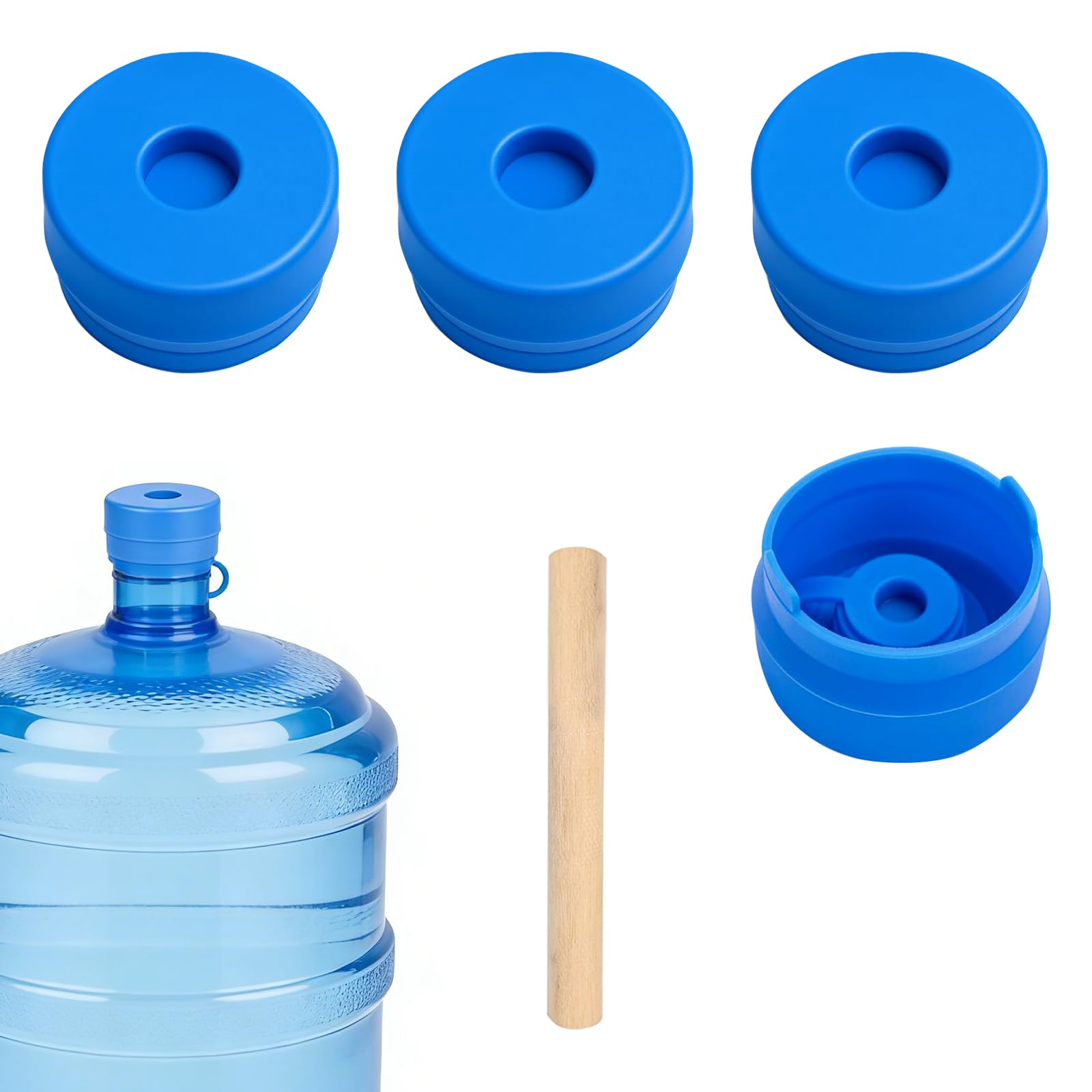 4 Pack Reusable Water Jug Caps, 5 Gallon Bottle Replacement Lids, Anti Spill Snap On Top with Wooden Stick, Dispenser Cover for 3 Gal Cruche D'eau, Bouteille Accessories