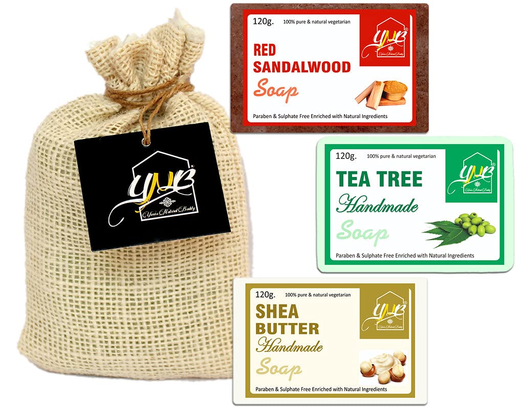 YNB- YOURS NATURAL BUDDY Assorted Organic Red Sandalwood, Tea Tree & Shea Butter Handmade SLS & Paraben Free Soap 120g, (Pack of 3)