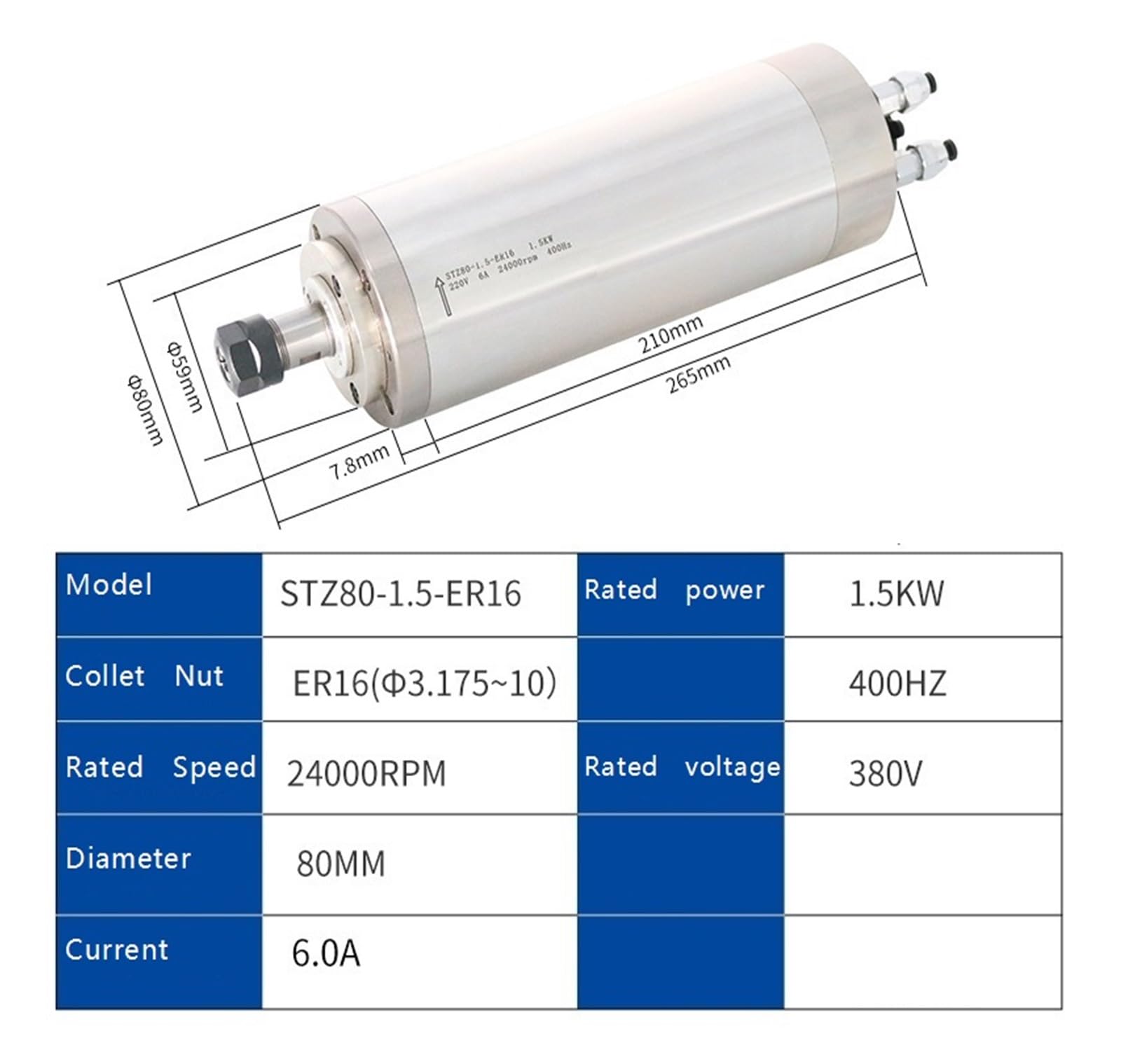 Silnik wrzeciona chłodzony wodą 0,8 KW 1,5 kW CNC (1,5kw-ER16-80mm-24000 obr./min-380 v)