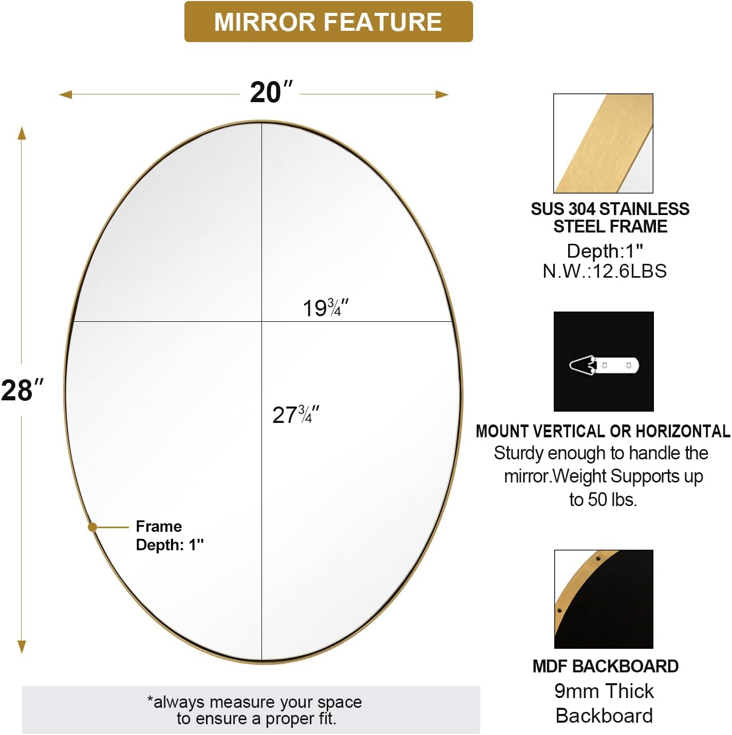 ANDY STAR Gold Oval Mirrors for Bathroom, 20x28 Inch Brushed Gold Stainless Steel Metal Framed Oval Wall Mirror, Modern Vanity Mirror Wall Mount Horizontal or Vertical Brushed Gold 28"L x 20"W