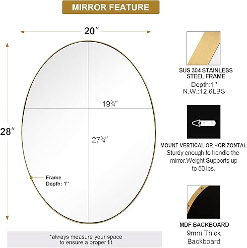 Miniatura 52 de ANDY STAR Espejos ovalados dorados para baño, 24 x 32 pulgadas, espejo de pared ovalado con marco de metal dorado cepillado, espejo de pared ovalado