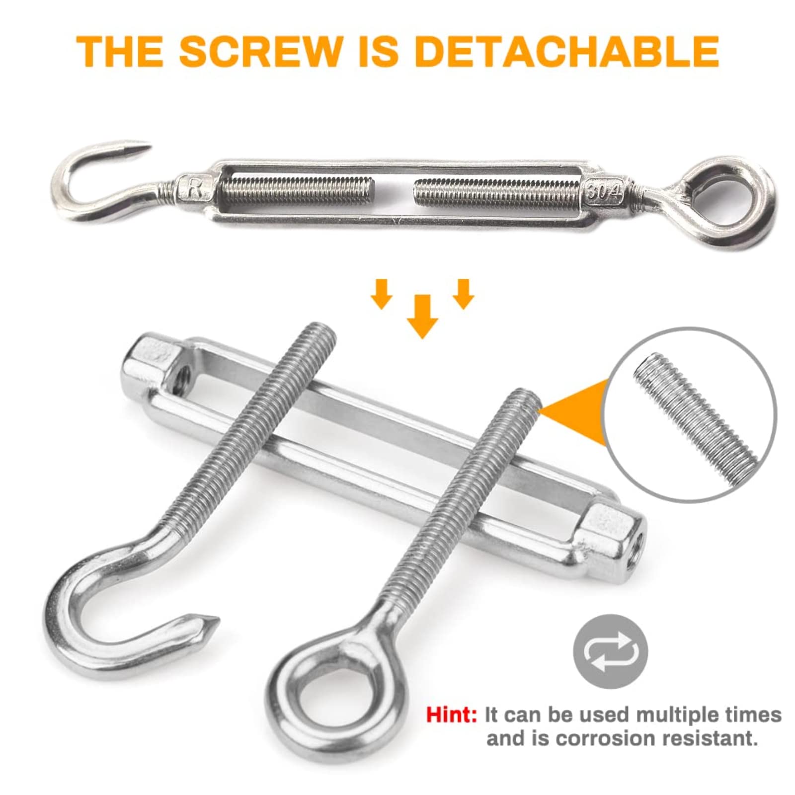 Produktbild von Spannschloss-Set 6x M5 Edelstahl – Verstellbare Haken & Ösen Für Seil, Draht & Wäscheleine, Heavy Duty, Rostfrei, Länge 115–180 Mm