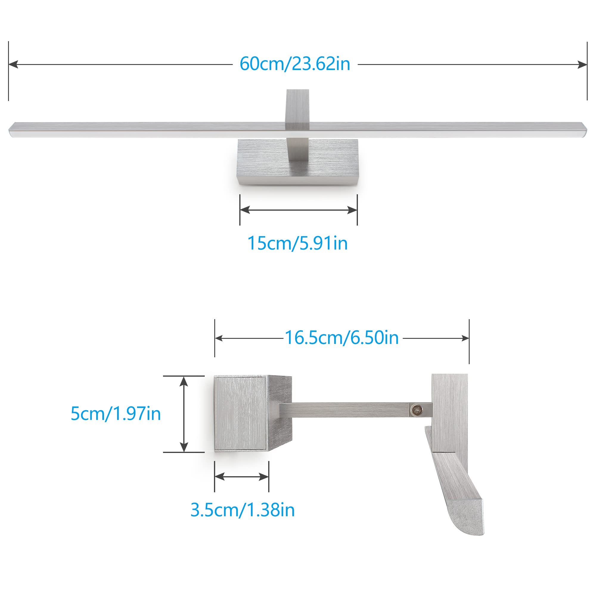 MantoLite LED Lampade da Parete,60cm 12W Applique Illuminazione per Interni 4000K Bagno Luci Pareti da Specchio Argento Spazzolato con Testa Della Lampada Girevole Luci Lettura Faretti da Muro