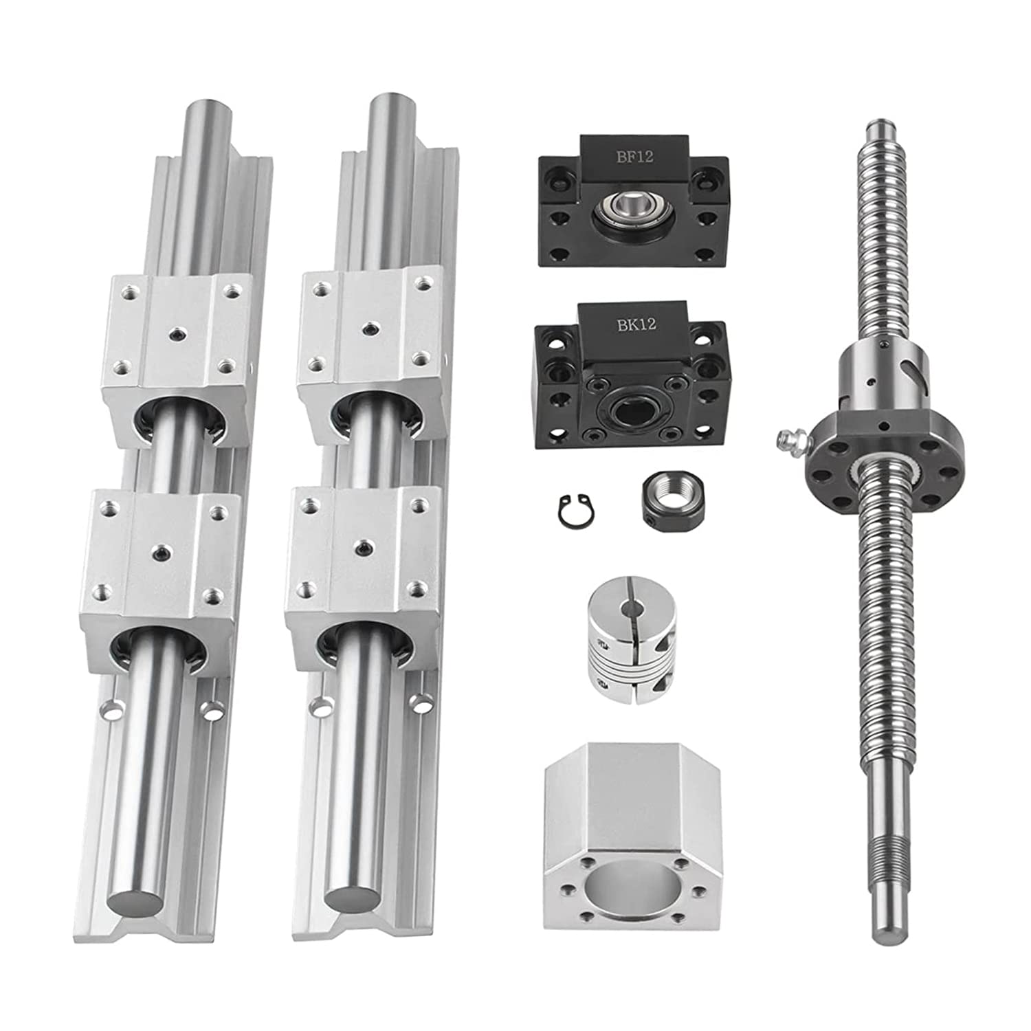 CNCMANS SFU1605 - Mandrino circolare, lunghezza 650 mm, con BK/BF12, supporto per cassa e frizione + guida lineare SBR16 L600 mm, albero con 4 blocchi di cuscinetti SBR16UU, componenti CNC