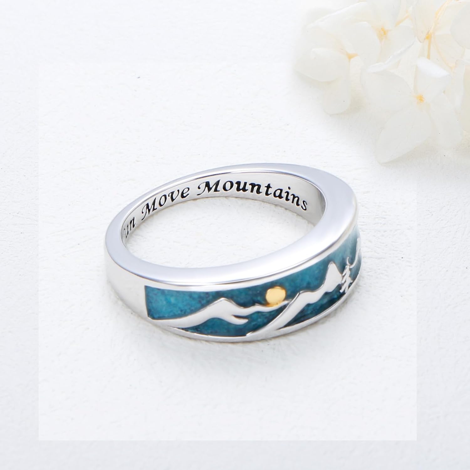 FLYOW Faith Can Move Mountain Ring 925 Sterling Silver Turquoise Rings Nature Religious Inspirational Jewelry Birthday Gifts for Climbers Women Men