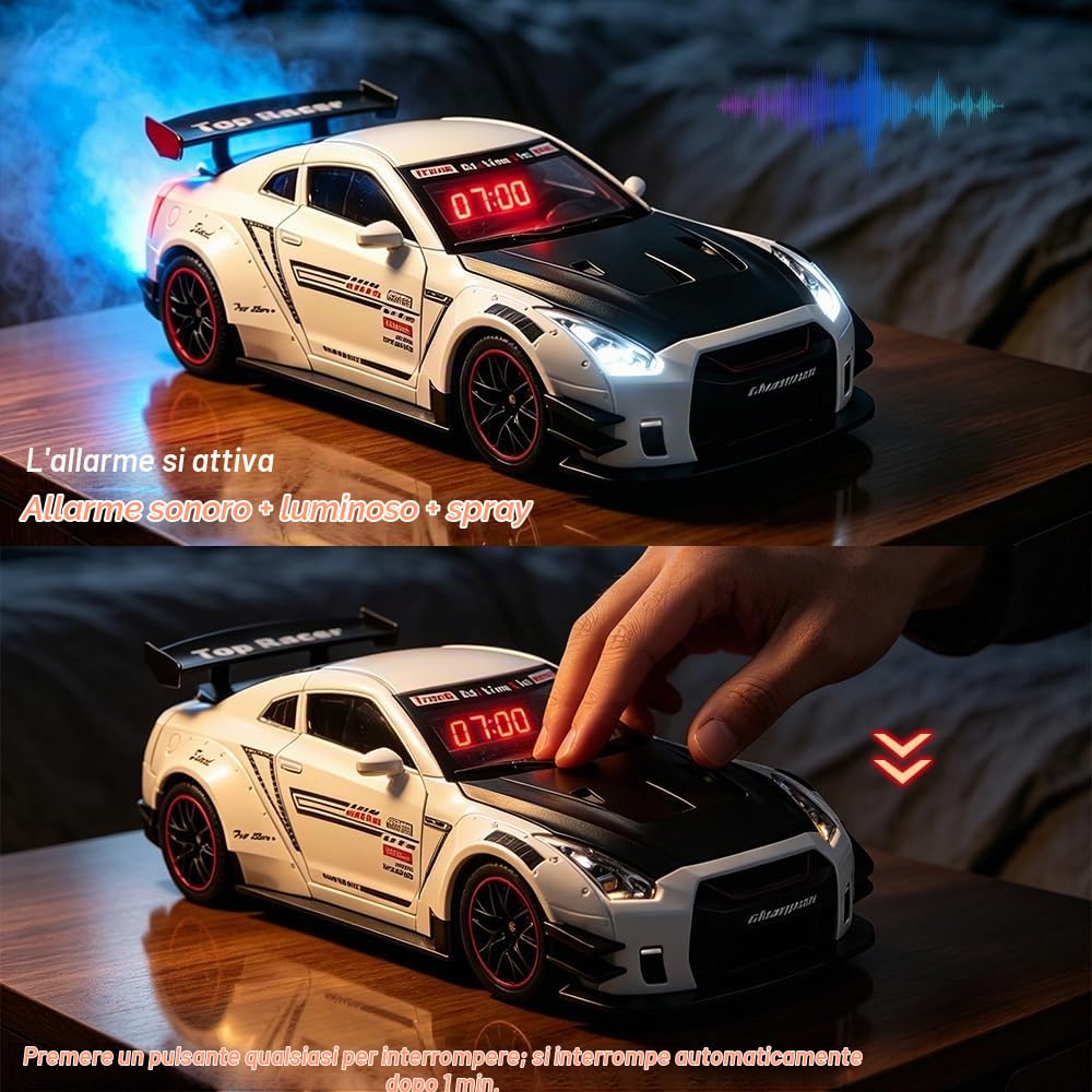 Sveglia rumorosa a forma di auto per adulti con sonno pesante con suono del motore | Hyper Car Model Digital LED Desk Decor, nebbia di scarico ed effetti di luce, auto da corsa pullback interattiva