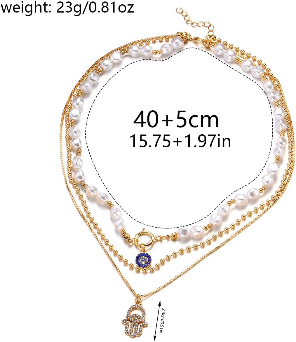 Hamsa Hand Evil Eye Pendant Layered Pearl Beaded Necklace For Women Boho Spiritual Protection Evil Eye Charm Gold Tone Adjustable Statement Gift - Image 3
