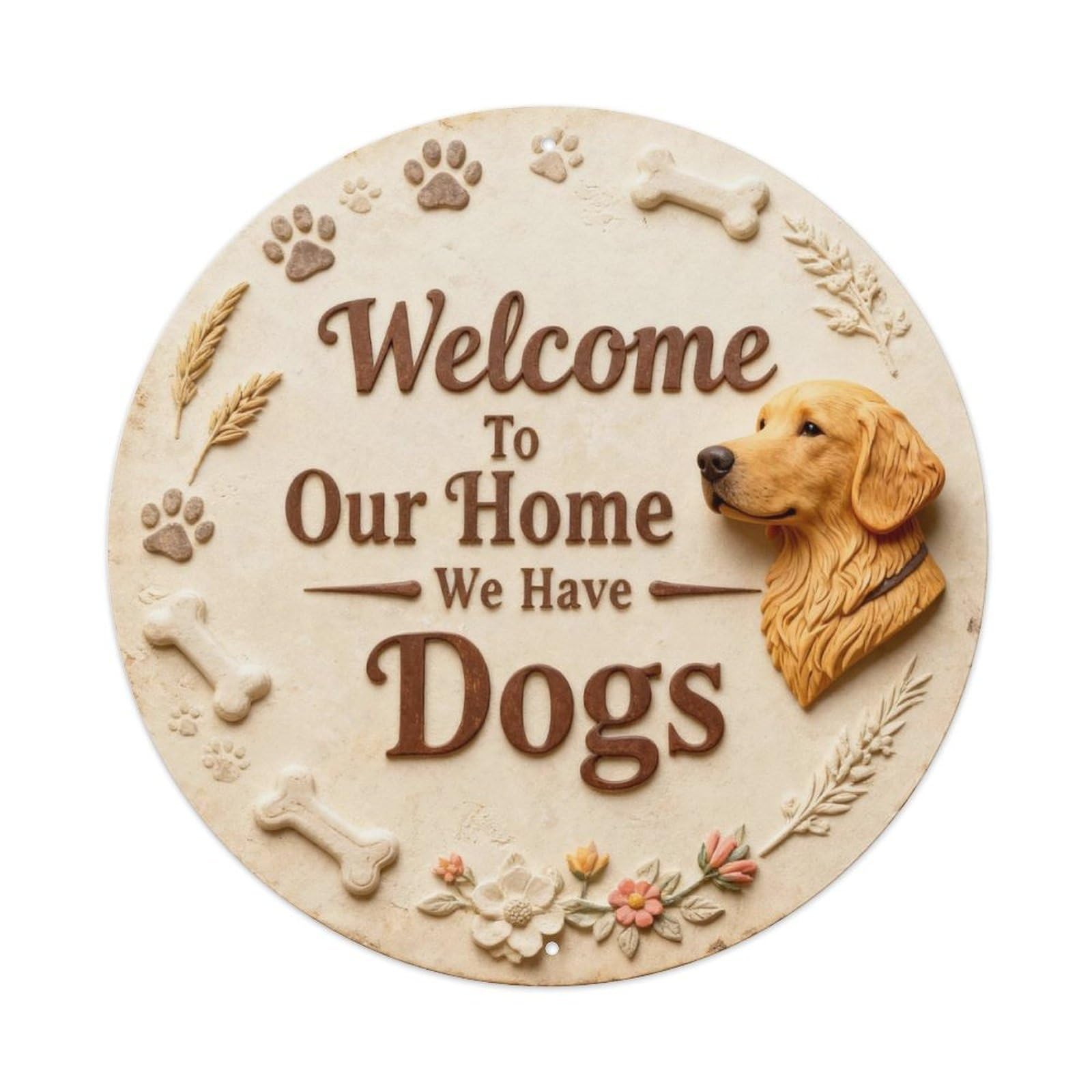 Dog Home Welcome Round Wall Plaque Metal Tin Sign Plaque