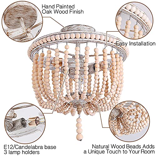 Flush Mount Ceiling Light,12.6-Inch Boho Light Fixtures,3-Light Wood Beaded Chandelier,Semi-Flush Mount Light For Bedroom,Hallway,Entryway,Lounge And Foyer #TOP1