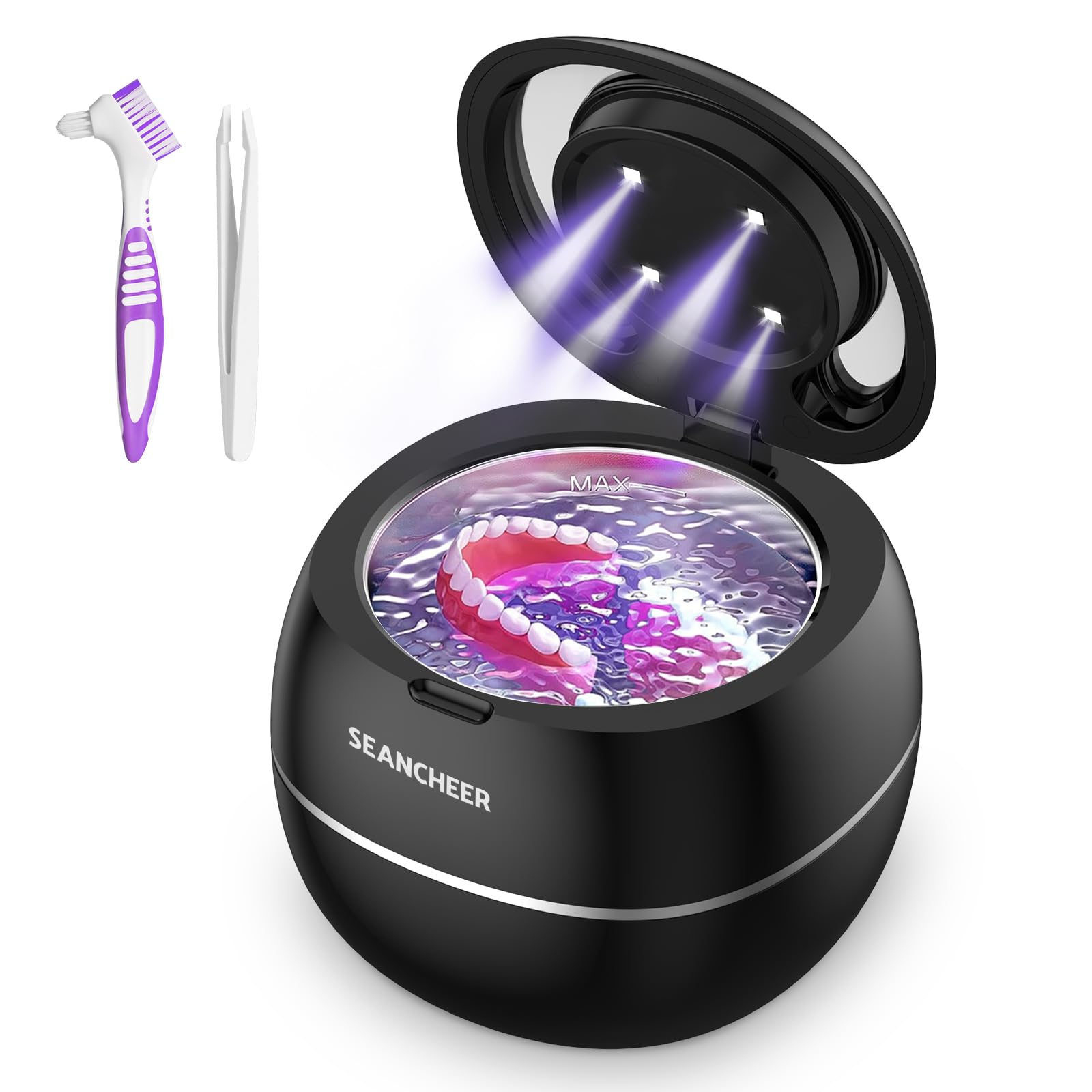 SEANCHEER Limpiador Ultrasonidos 48000Hz Ultrasonidos Limpieza | 24W | 180ML | Lampara UV | Ultrasonic Cleaner Portatil para | Dentaduras | Ferula Dental | Retainer | Aligner | Joyas | (Negro)