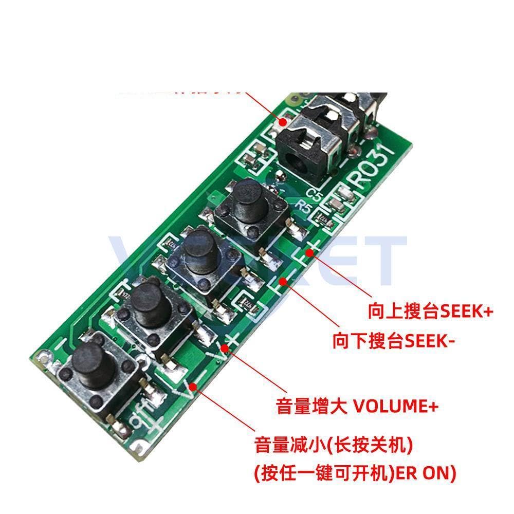 Close-up of RDA5807 module buttons with functions