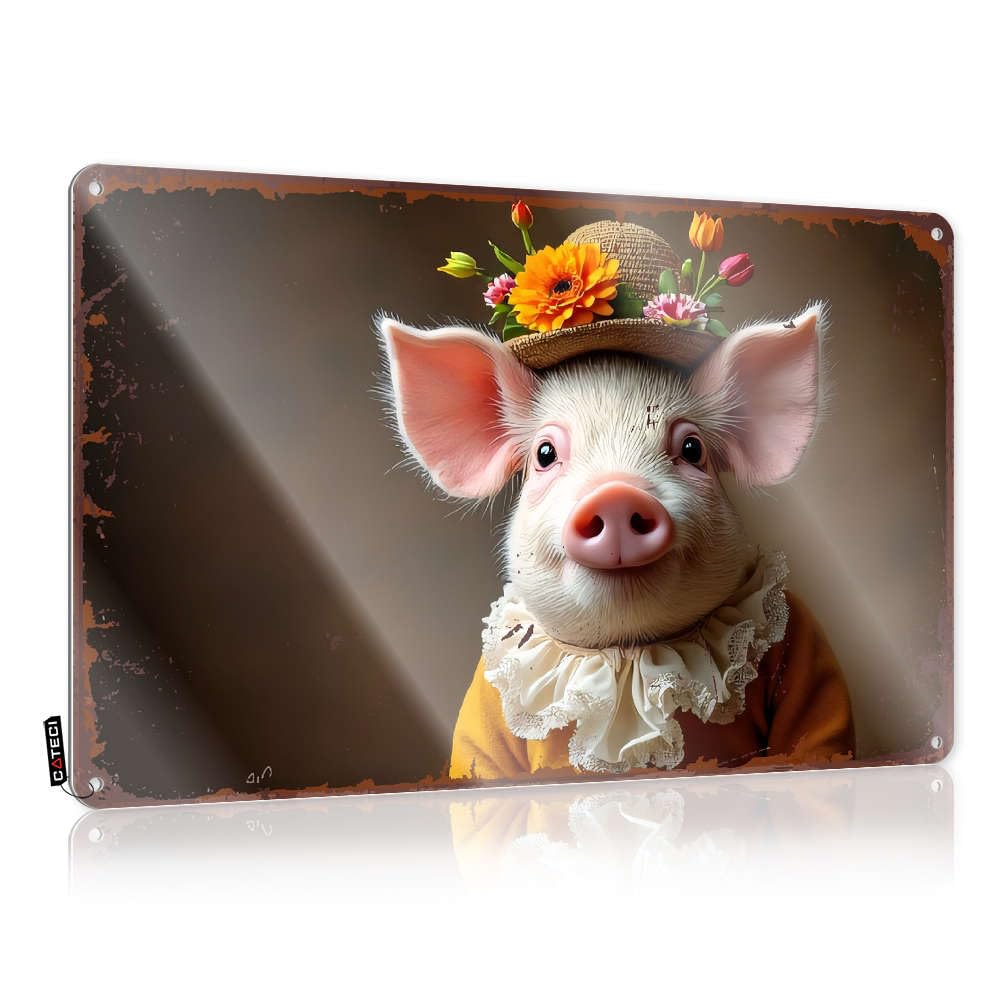 Fzfn Men's Colour Coffee Ideas Farmhouse Signs - A Pig Wearing A Floral Hat And Lace Collar. Farmhouse Metal Wall Art Ready To Hang For Saloon(30X40cm)