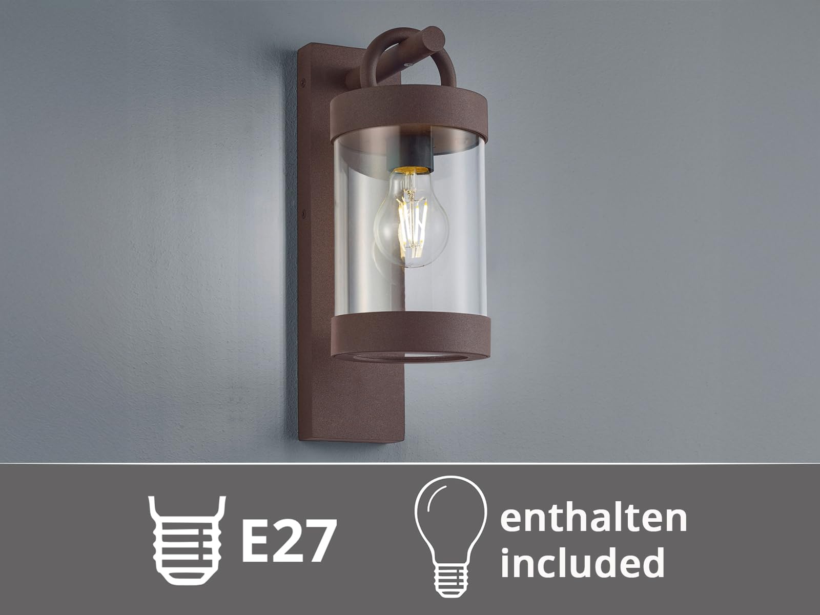 Lanterne murale extérieure en aluminium aspect rouille avec capteur crépusculaire, hauteur 33 cm