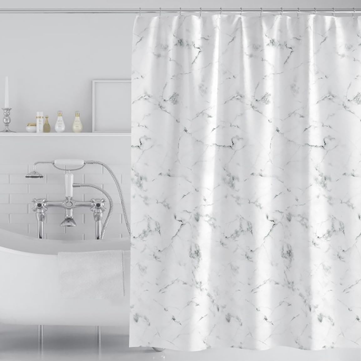 FSZhenZuan Shower Curtain 120x180cm Drop Water Repellent Shower Curtain with Hooks Washable Thicken Polyester Fabric White Abstract Decorative Bathroom Curtains, Weighted Hem — image 1
