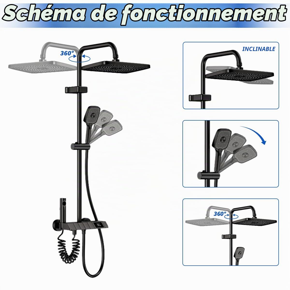 Colonne De Douche Avec Mitigeur, Pomme De Douche 30x20cm, Affichage Digital Led, Hauteur Ajustable, Multifonctionnel Pour Le Confort De La Salle De Bain.
