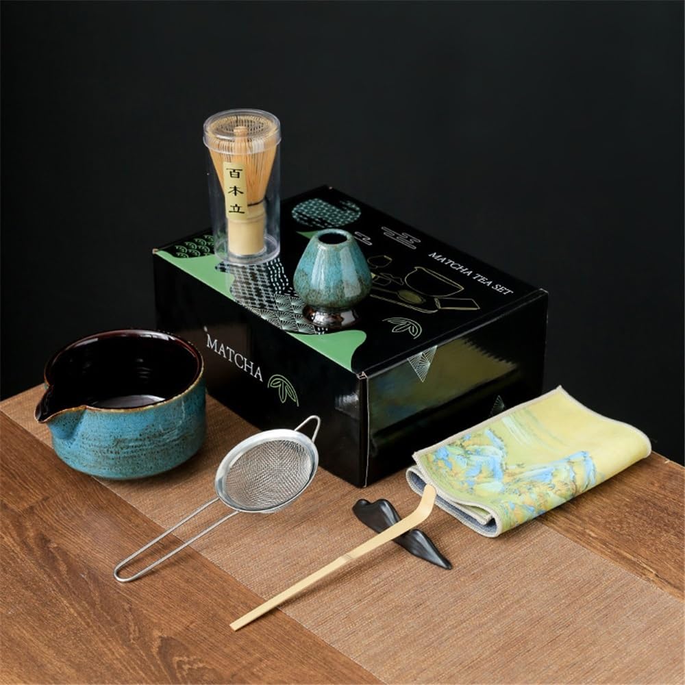 LZM-DIEWLEI Japanese Matcha Tea Set 7 Pcs Ceramic Matcha Bowl, Ceramic Whisk Holder, Matcha Whisk, Scoop, Sifter, Matcha Caddy, Tea Making Kit, Handmade Japanese Tea Ceremony Matcha Tea Kit(Blue)