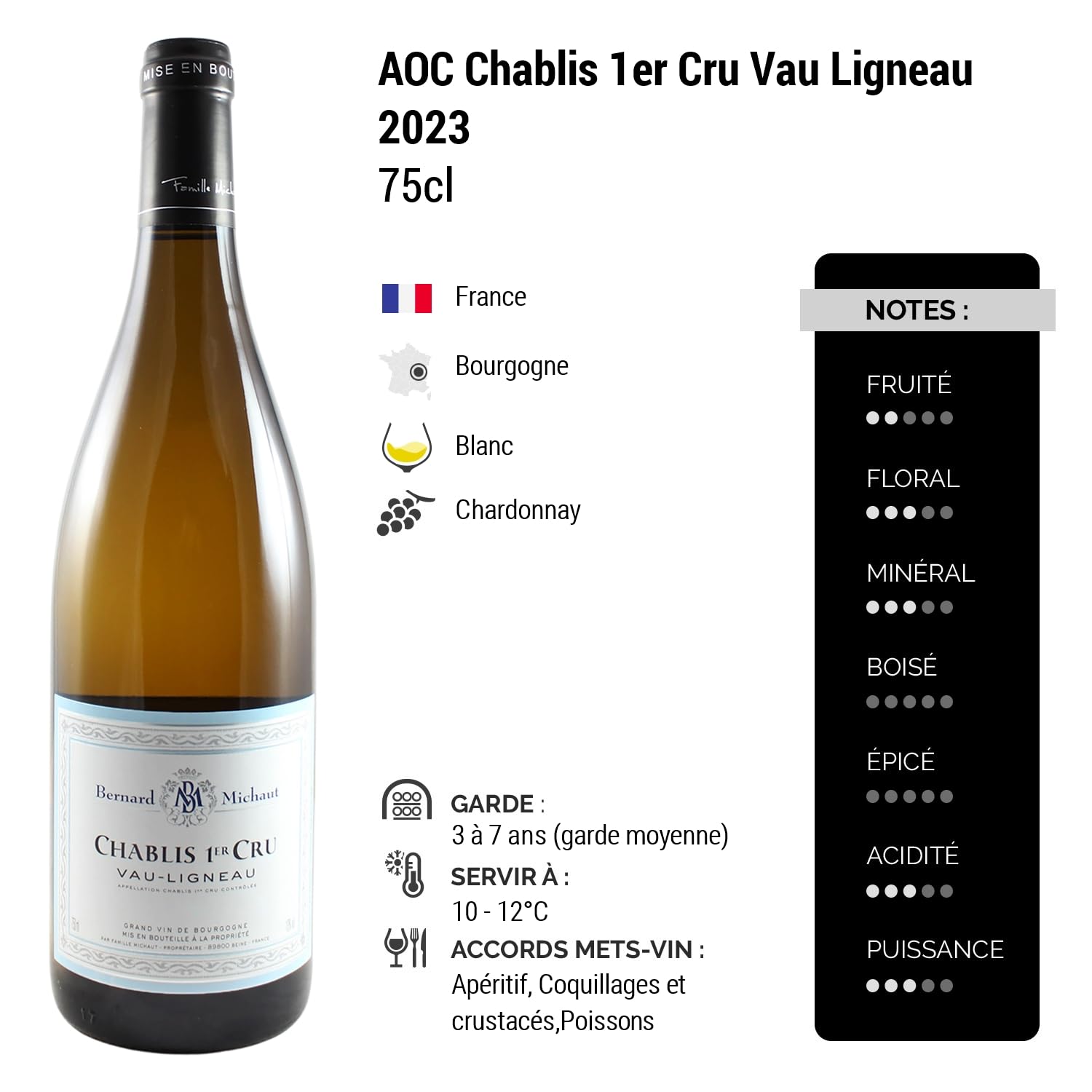 Chablis 1er Cru Vau Ligneau - Blanc 2023 - Domaine Michaut - Grand Vin Blanc de Bourgogne (6x75cl)