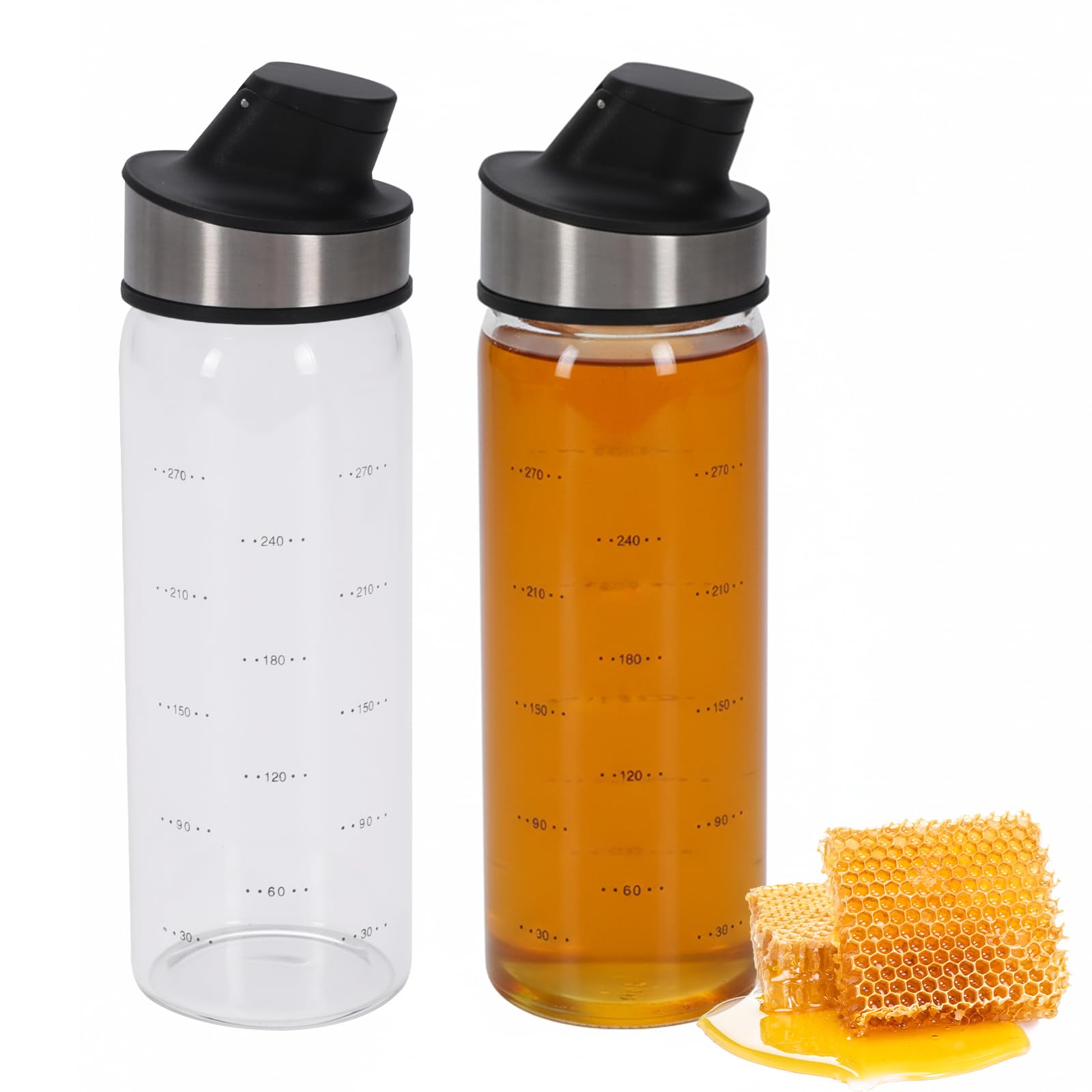 Punorric 2 Pack Honey Dispenser, Clear Glass Honey Jar Maple Syrup Dispenser with Auto-Open Lid for For Syrup,Sugar, Jam,Oil,Kitchen Storage Pot Kitchen Tool 300ml/10oz