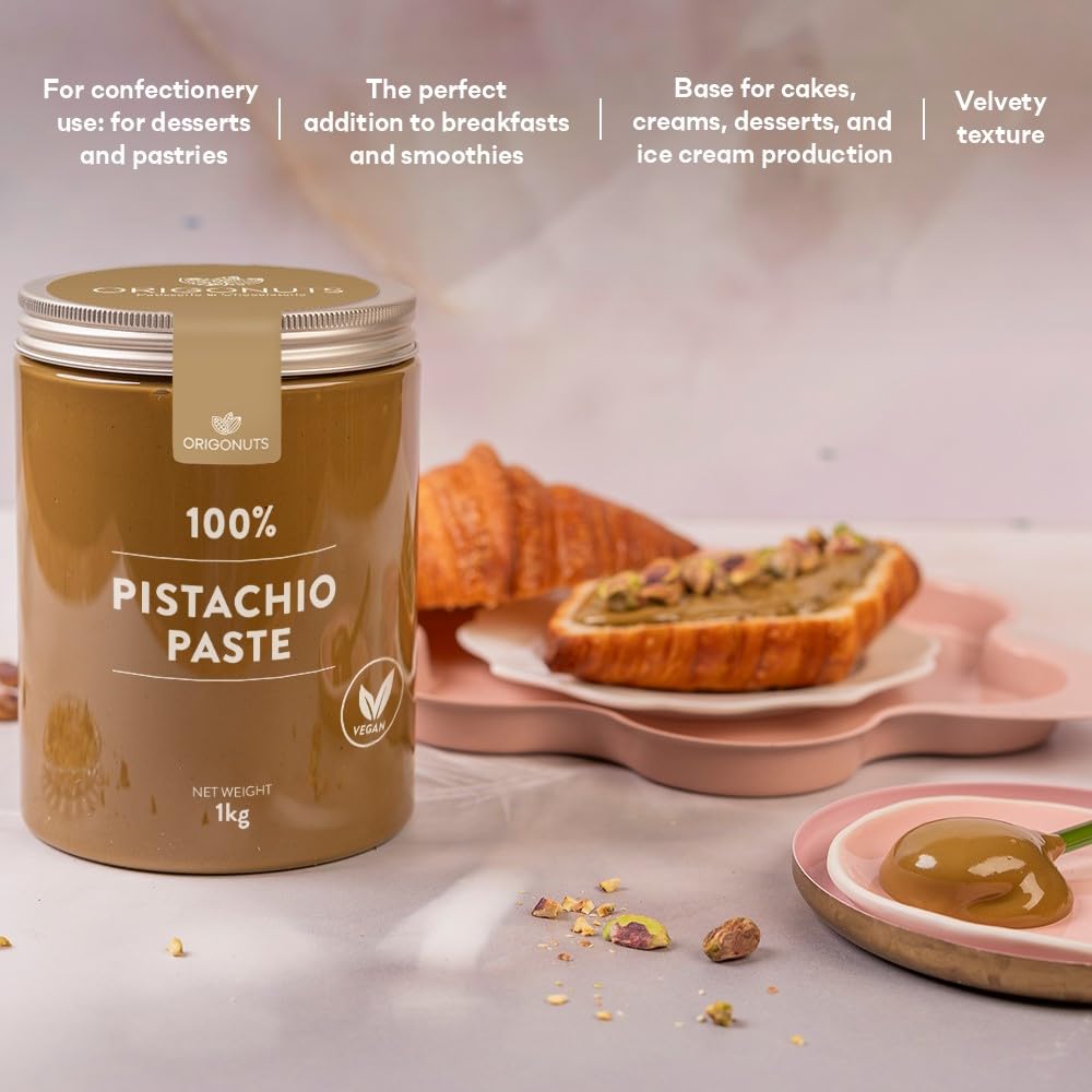 ORIGONUTS - Pasta de pistacho - 100% pistachos sin sal, sin azúcar y sin colorantes - para pasteles, galletas, tartas, cremas, postres, helados, chocolate dubai, repostería - 1kg