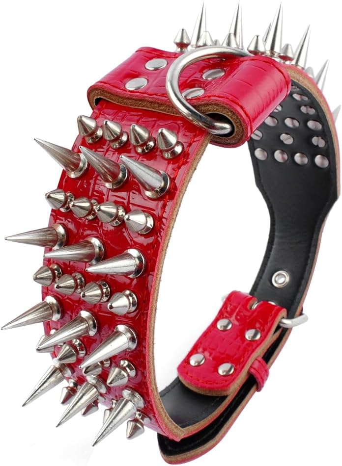 PET ARTIST 2" Wide Luxury Sharp Spiked Dog Collar, Durable Anti-Biting PU Leather Dog Collar for Medium Dogs, Red, M, Neck for 17-20"