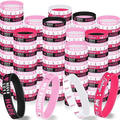 Jenaai 500 Pcs Breast Cancer Awareness Bracelet Bulk Pink Ribbon Silicone Bracelets Rubber Wristbands Hope Faith Strength Courage Inspiring Support Wristbands for Women Charity Gift Decoration