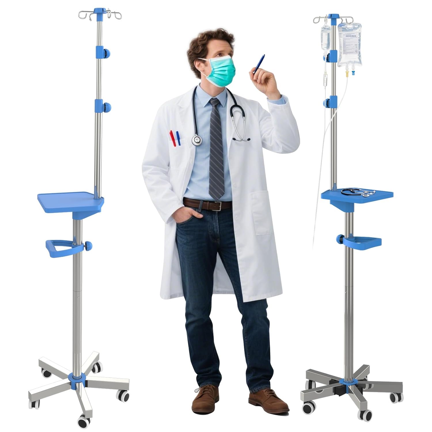 IV Pole with Wheels Medical Portable IV Stand with 4 Hooks and Tray, 52.3“ to 70.8” Height Adjustable, IV Pole Stand for Hospital, Home and Outdoor Use A1