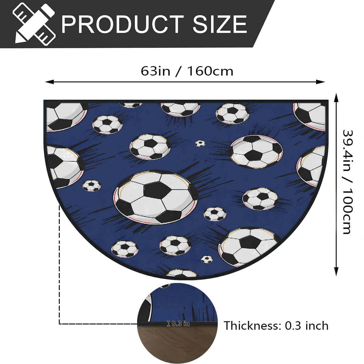 Große halbrunde Fußmatte, Fußball, Sport, rutschfest, saugfähig, halbrund, Eingangsbereich, niedlich, weich, halbrund, waschbar, Teppich für Küche, Badezimmer, Schlafzimmer, 160 x 100 cm