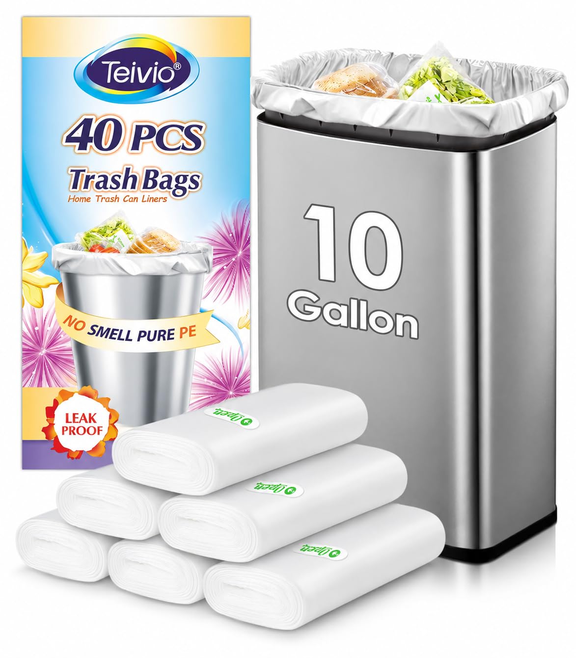 Teivio Medium Clear Trash Bags 10 Gallon 40 Count Kitchen Garbage Bags